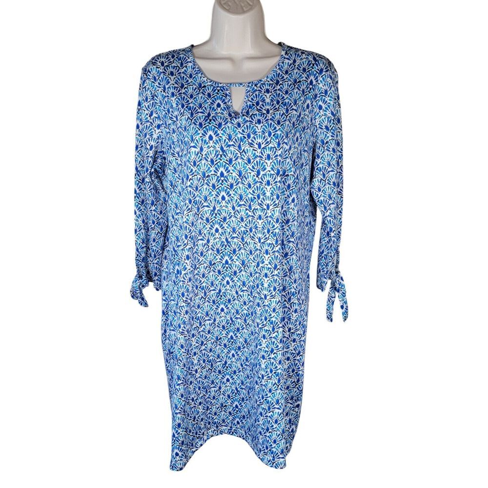 Stella Parker Size Medium Blue White Print Golf‎ Dress Tie 3/4 Sleeves